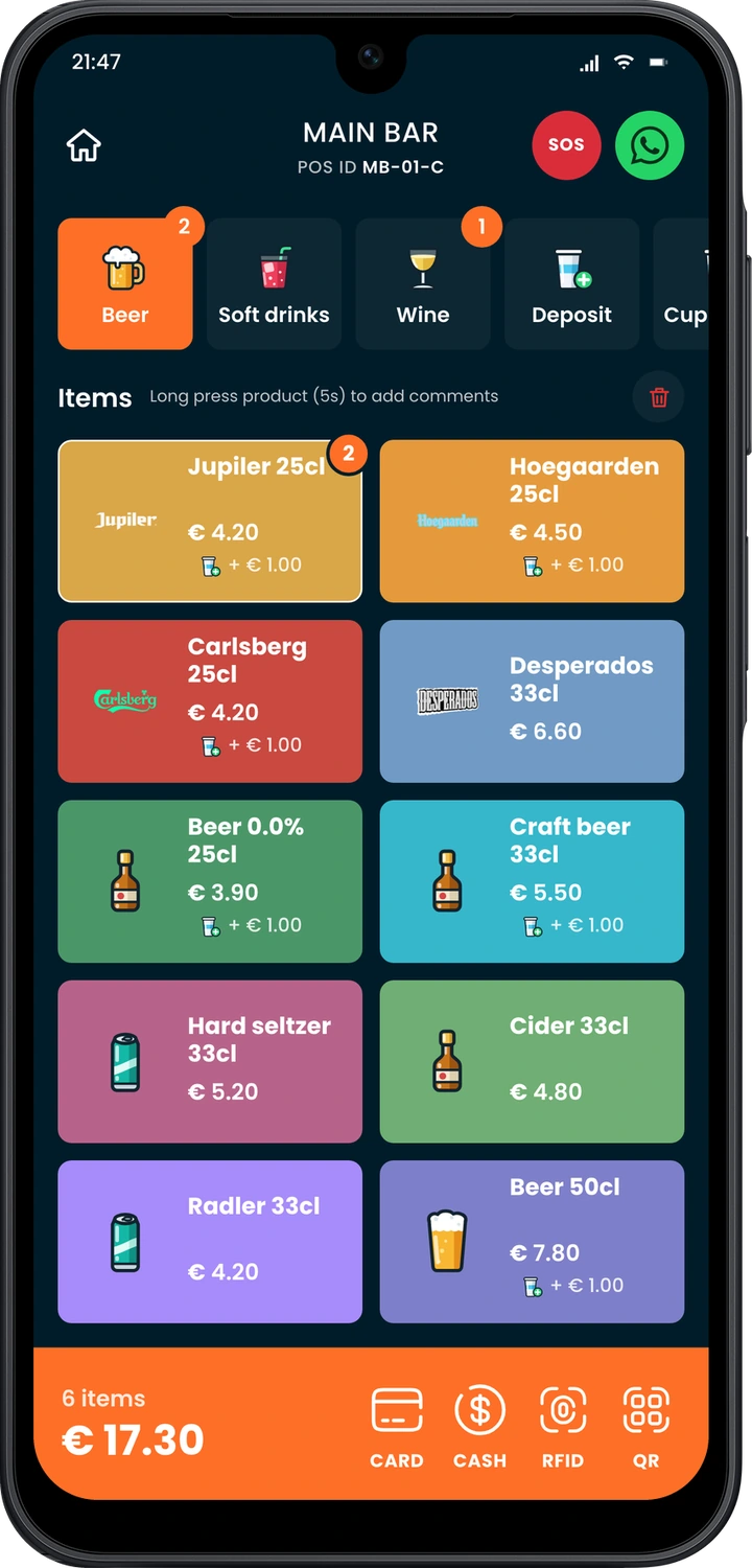 Mobile crew device showing the product menu
